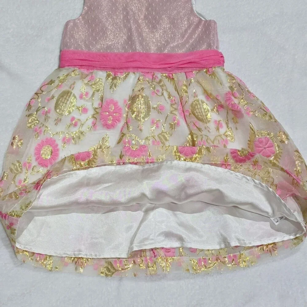 Truly Scrumptious Girls Pink Gold Floral Shimmer Bow Back Party Dress NWT 24M